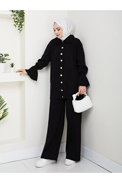 FERHEL Elit Sleeve Pleated Cardigan Pants Knitwear Set