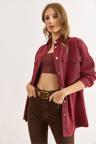 Olalook Women's Burgundy Double Pocket Cotton Gabardine Shirt Gml-19001272