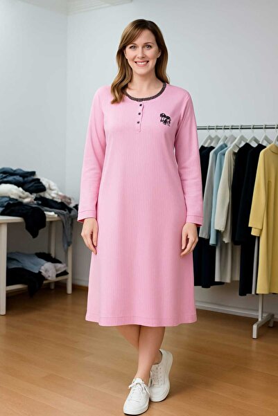 MAY MARA Plus Size Nightgown with Reported and Winterized Charming Detailing, with Embroidered Chest and Lace Details