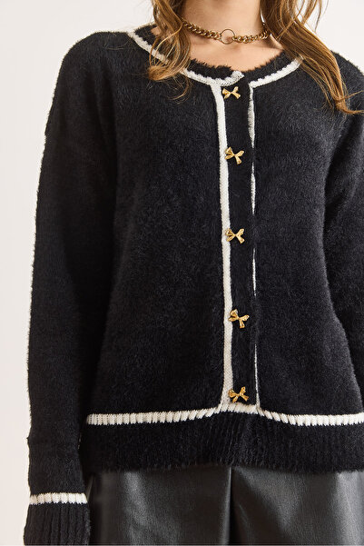 Olalook Women's Black Button Detailed Striped Beard Knitwear Cardigan Hrk-19000425