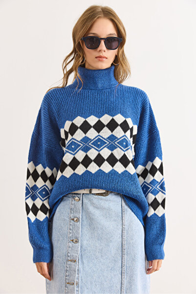 Olalook Pulover tricotat cu textura moale pentru femei, cu model Baklava, cu gât roșu, KZK-19001022