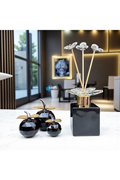 Peramari Dekoratif Kristal 7 Parça Set Üçlü Elma ve Koku Şişesi Siyah Gold