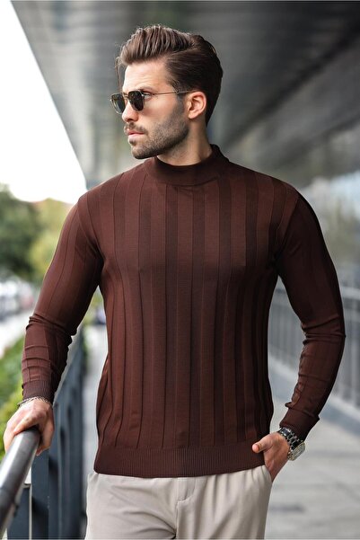 Madmext Kahverengi Yarım Balıkçı Erkek Triko Kazak E7423