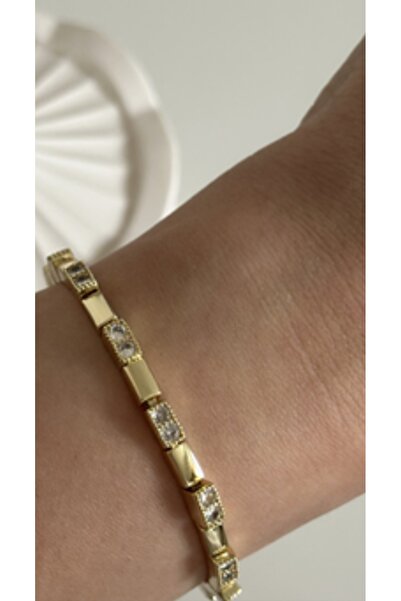 Aleda Steel Gold Zircon Stone Square Bracelet