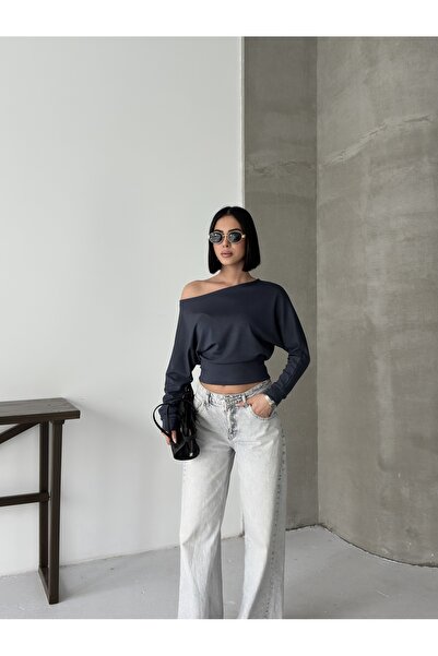 BEJNA Women's Anthracite Off-Shoulder Modal Textured Blouse