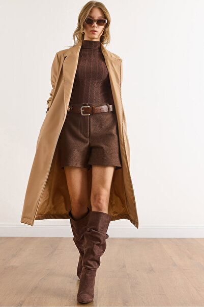 Olalook Kadın Bej Kuşaklı Cepli Astarlı Deri Trençkot TRC-00000009