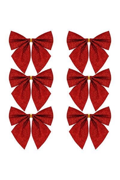 SERSIMO Set de 6 ornamente de brad de Crăciun, fundă, 8 cm, roșii cu sclipici