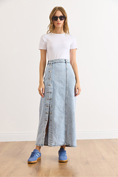 Olalook Жіноча довга джинсова спідниця з відкритими синіми ґудзиками ETK-19000359