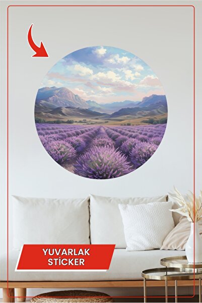 KOSS Dijital Autocolant rotund cu câmp de lavandă, cu flori mov, vedere la mu...