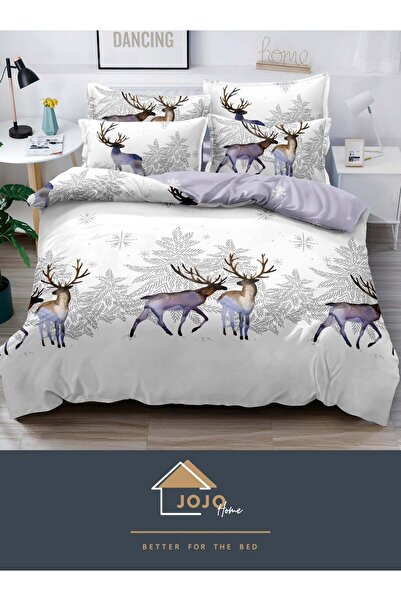 JOJO HOME Set lenjerie de pat, Editia de Craciun, Jojo Home, 155x230cm, 4 piese, Alb, Reni