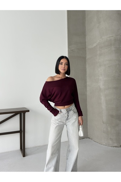 BEJNA Γυναικεία μπλούζα με υφή μοντάλ με ανοιχτό ώμο σε μπορντό χρώμα