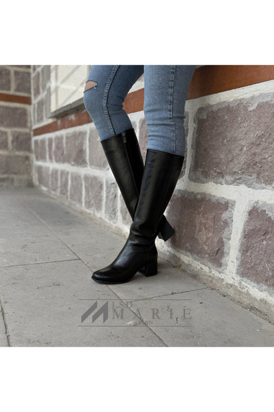 LE STYLE DE MARIE Μαύρες μακριές μπότες με χοντρό τακούνι -Le Style De Marie-...