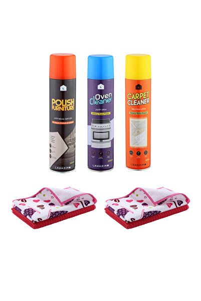 Lawazim Furniture Cleaning Spray Set 3-Pack with 4 Microfiber Wipers for Multi-Surface Care
