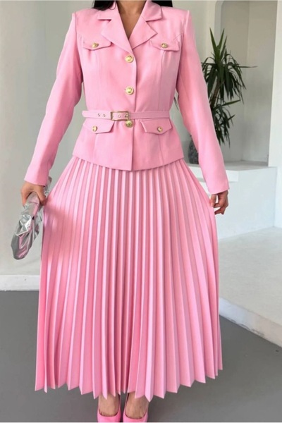 Ekim Store Pleated Skirt and Belted Double Blazer Suit