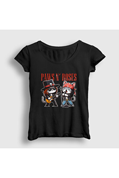 Presmono Women's Black Paws N' Roses Guns N' Roses Cat Feline T-Shirt 578989Tt