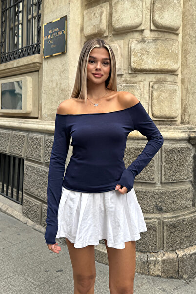 la & vetta Navy Blue Off-The-Shoulder Long Sleeve Blouse