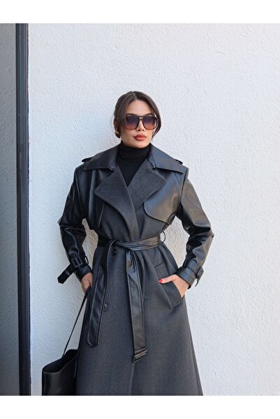 ESRAHELVACI Δερμάτινο παλτό με λεπτομέρεια ψαροκόκαλο