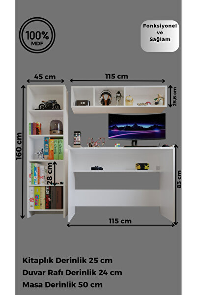 MORİVA HOME %100 Mdf 3 Lü Set Kitaplık,+ Duvar Rafı + Gaming Çalışma Masası Seti - Soft Beyaz Oyuncu Masası