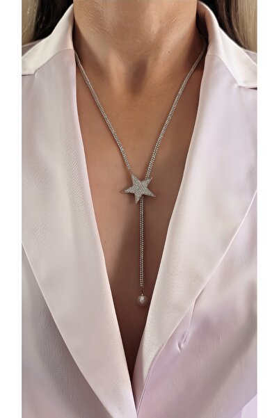 Eva Takı Store قلادة عظم الترقوة على شكل نجمة اللؤلؤ مع مصعد