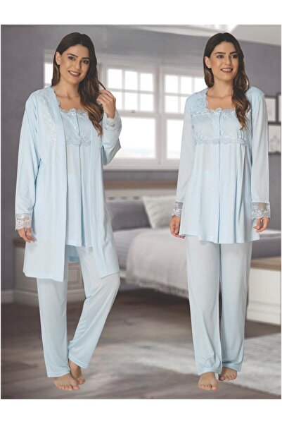 Lohusa Homewear Women's Blue Lace Detailed Pregnant Maternity Dressing Gown Pajamas Set 3 Pieces