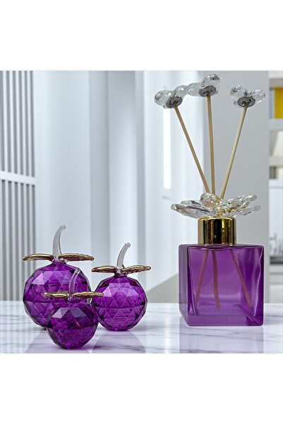 Peramari Dekoratif Kristal 7 Parça Set Üçlü Elma ve Koku Şişesi Mor Gold