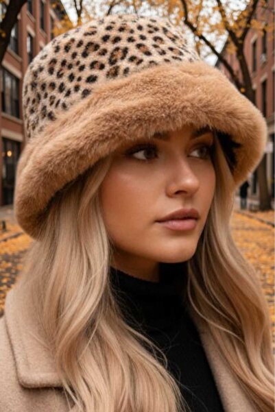 Trenderrs قبعة نسائية من الفرو القطيفة بنقشة الفهد