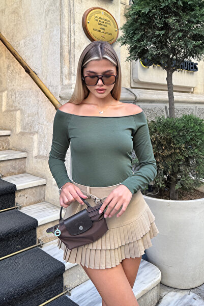 la & vetta Khaki Off-The-Shoulder Long Sleeve Blouse
