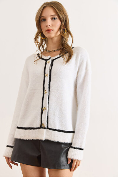 Olalook Women's White Button Detailed Striped Beard Knitwear Cardigan Hrk-19000425