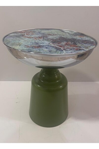 ÖZERİŞ Lux Modern Tasarım Yeşil Gövdeli Krom Kaplama Mermer Desenli Yan Sehpa