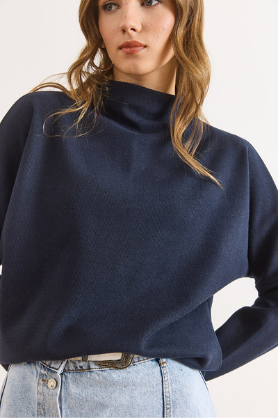 Olalook Women's Navy Blue Stand Collar Ribbed Thessaloniki Blouse Blz-19003137