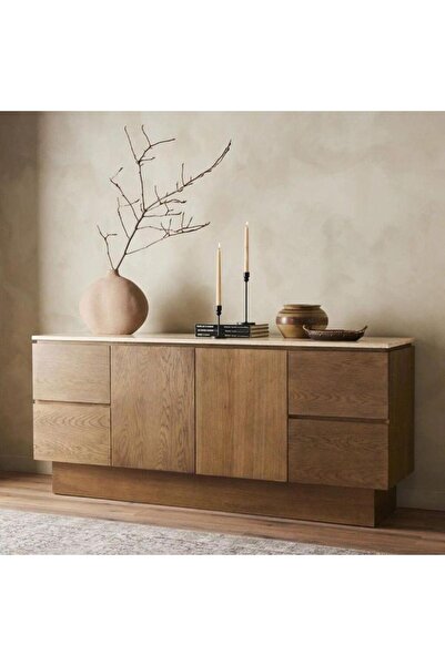 HOME HOUSE بوفيه من خشب البلوط الطبيعي والرخام الطبيعي البني - 80 × 40 × 180 سم