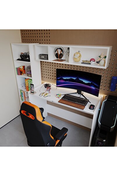 MORİVA HOME %100 Mdf 3 Lü Set Kitaplık,+ Duvar Rafı + Gaming Çalışma Masası Seti - Soft Beyaz Oyuncu Masası