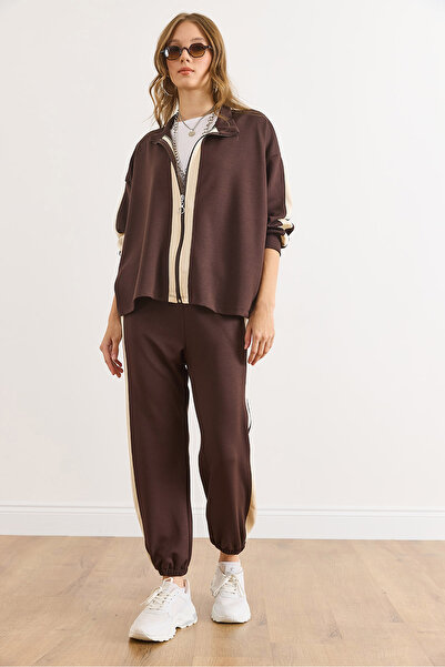 Olalook طقم نسائي من قماش المودال البني بتفاصيل شريطية من الأسفل والجزء العلوي TKM-19000443