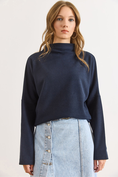 Olalook Women's Navy Blue Stand Collar Ribbed Thessaloniki Blouse Blz-19003137