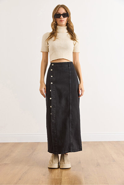 Olalook Жіноча чорна довга джинсова спідниця з ґудзиками ETK-19000359