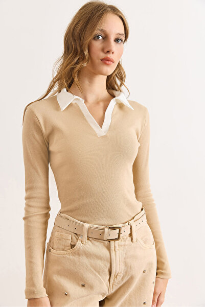 Olalook Kadın Bej Beyaz Renk Bloklu Polo Yaka Pamuk Esnek Bluz BLZ-19003104