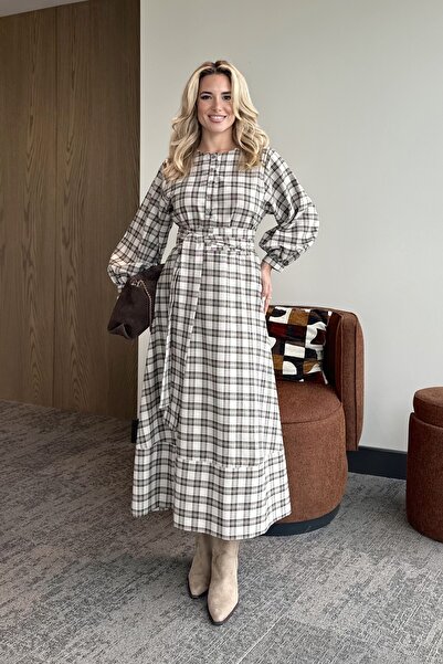 Laluvia Stone Checkered Belted Long Dress - 1235