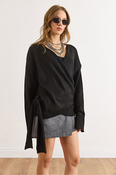 Olalook Women's Black Double-Breasted Collar Tie-Up Knit Cardigan Hrk-19000427