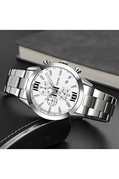 Skmei Ceas de mână pentru bărbați, cuarț, analogic, cu dată, oțel argintiu