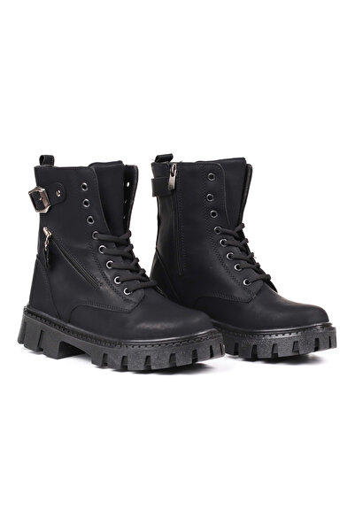 KAJILA Cizme negre pentru femei – Talpă groasă, cu fermoar, cu șireturi, cu cataramă, confortabile, zilnic, elegante și durabile