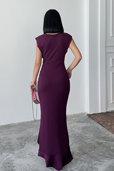 ALFUDO Moda Collection Kadın Mürdüm Scuba Dalgıç Kumaş Kruvaze Yaka Eteği Volanlı Abiye Mezuniyet Nikah Elbise