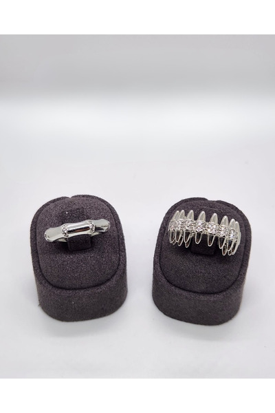 vien silver خاتم نسائي فضي أنيق قابل للتعديل مكون من قطعتين مرصع بالأحجار