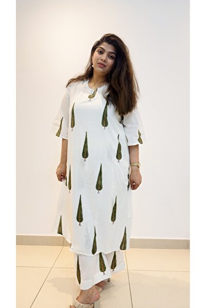 Ruh Collections White & Green leaf Oversized Cotton Kurta Set
