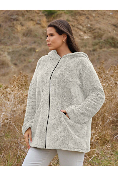 ModaSehle Women's Large Size Long Sleeve Pocket Hooded Zippered Plush Cardigan Jacket