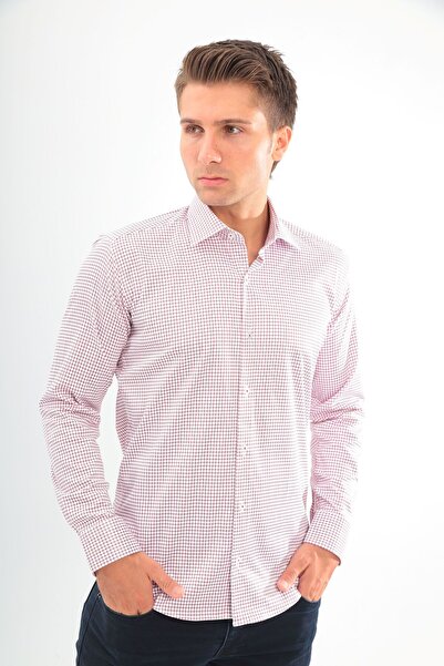 ANDINO Slimfit White Burgundy Checkered Men's Shirt with Lycra Slim Fit Struc...