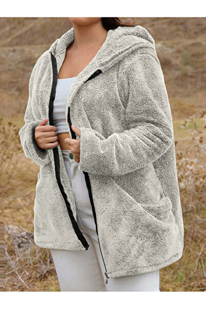 ModaSehle Women's Large Size Long Sleeve Pocket Hooded Zippered Plush Cardigan Jacket