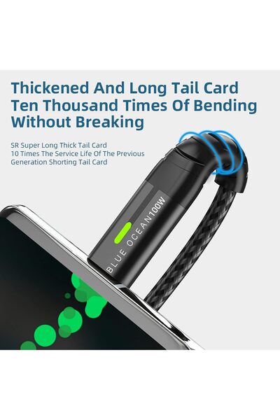Blue Ocean USB C Cable 100W PD 5A QC Fast Charging With LED Display 480Mbps Data Cable, Nylon Braide