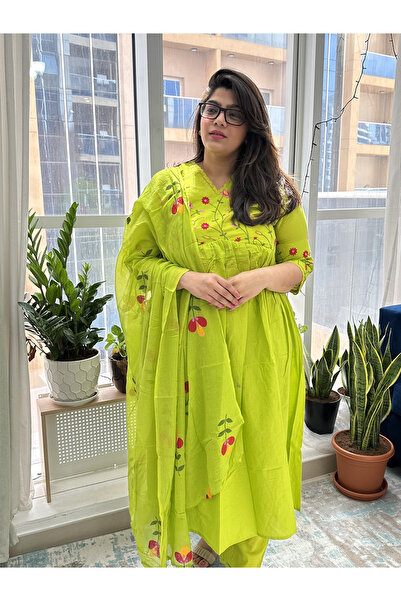 Ruh Collections Lime Green Floral Embroidered Anarkali Kurta Set