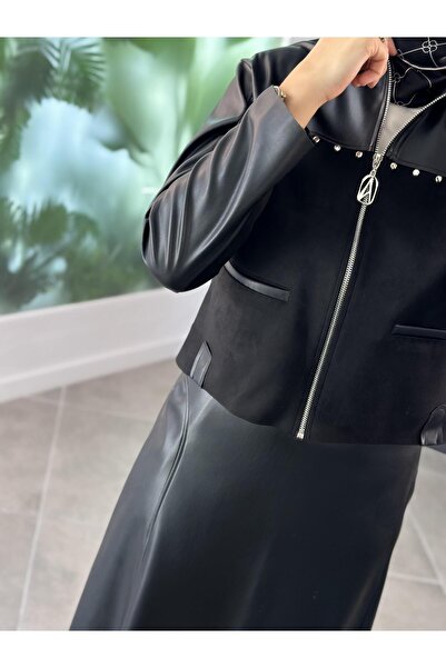 Armine Trend Süet Kumaş Garnili Deri Etekli Takım 25KT641 Siyah