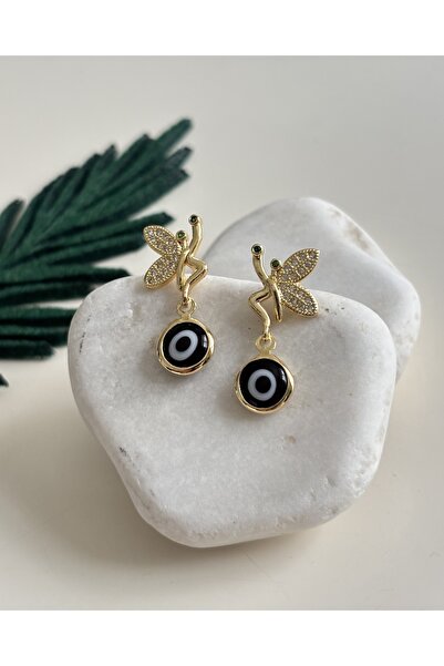 Çelik Nazar Boncuklu Taşlı Peri Kanadı Küpe